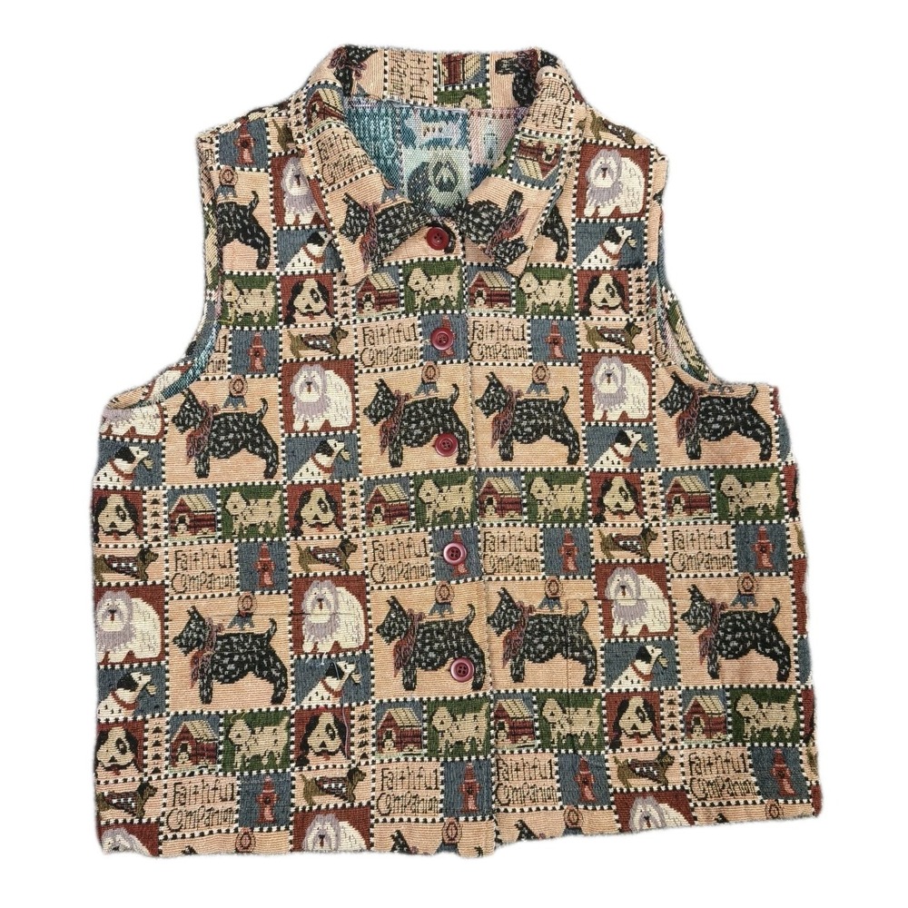 Vintage Womens Dog Print Tapestry Vest Button Front Cottagecore‎ M